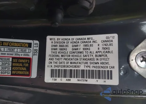 2012 Honda Civic Lx z USA, uszkodzony, nr VIN 2HGFG3B5XCH538397